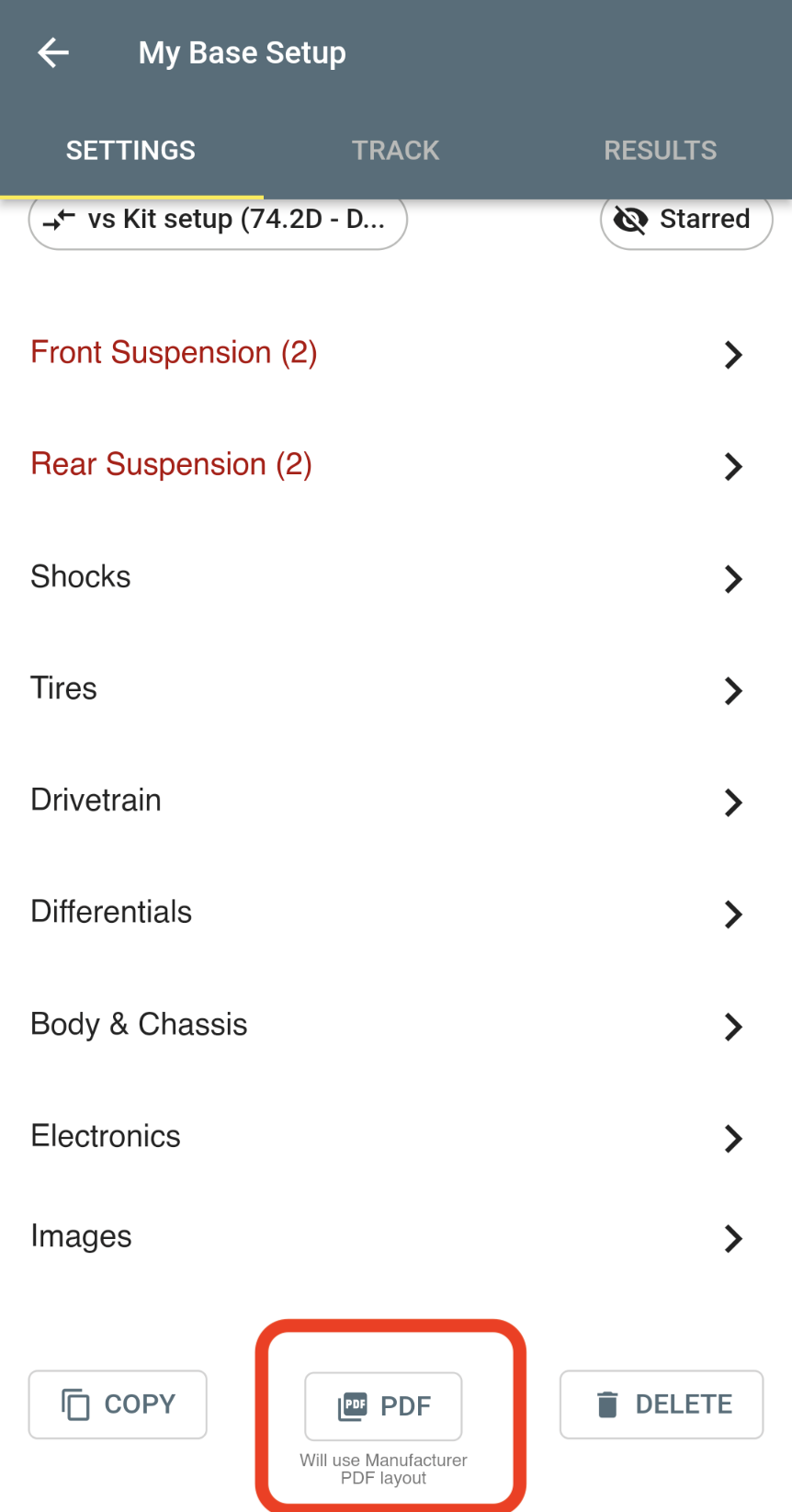 Screenshot of Setup Screen with Manufacturer PDF Button