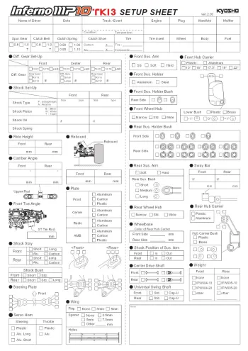 Kyosho Inferno MP10 TKI3 Setup Sheet Blank