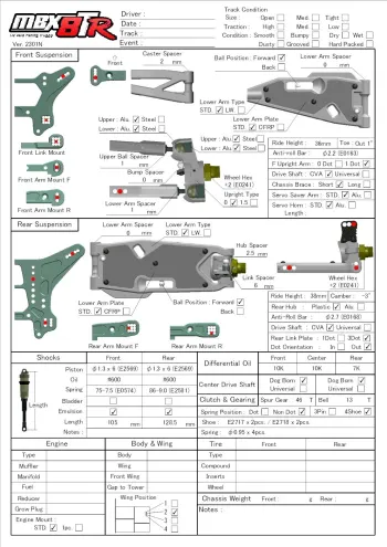 Mugen MBX8TR Kit Setup Sheet