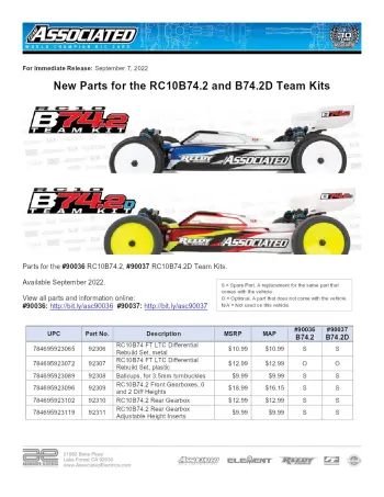 Team Associated B74.2 Parts List