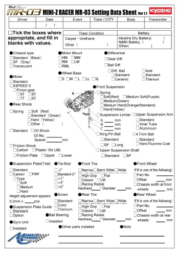 Kyosho Mini-Z MR-03 Blank Setup Sheet
