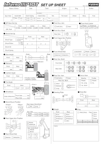 Kyosho Inferno MP10T Blank Setup Sheet