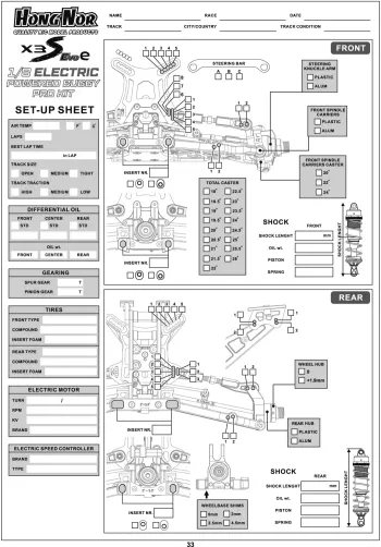 Hongnor X3S EVO e Setup Sheet Blank