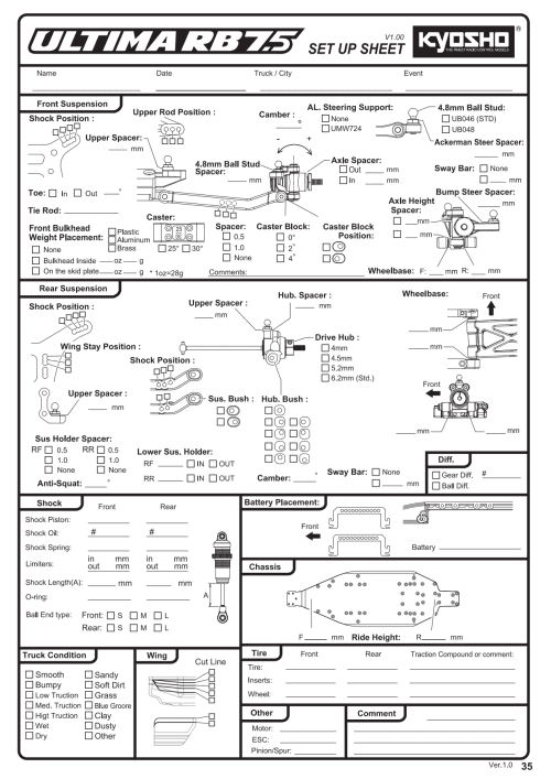 Kyosho Ultima RB7.5 Setup Sheet Blank