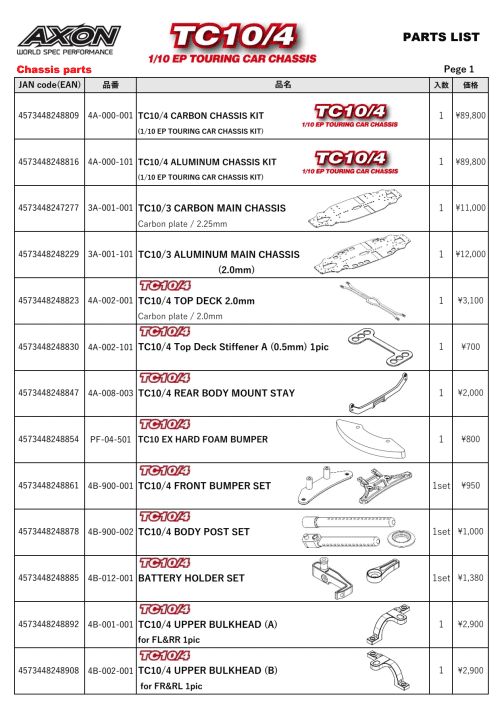 Axon TC10-4 Parts List