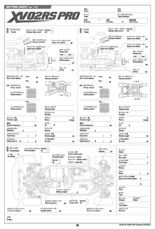 Tamiya XV-02RS Pro Setup Sheet Blank