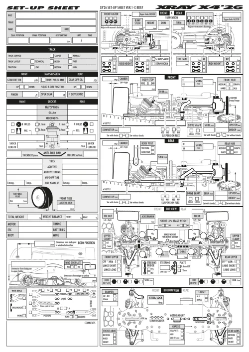 XRAY X4 26 Setup Sheet Blank