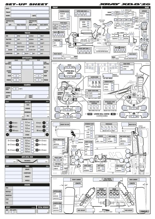 XRAY XB8 26 Setup Sheet Editable